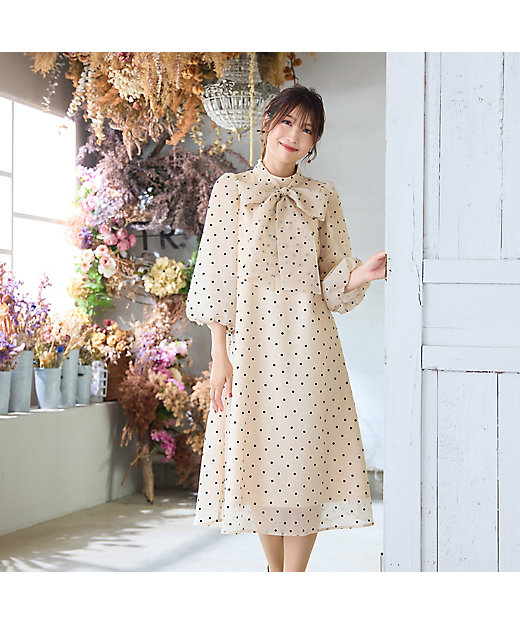 オーガンジーフロッキードットリボンワンピース（51015502