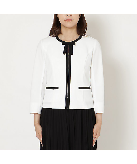 リボンブローチ付】配色ノーカラージャケット（51032602