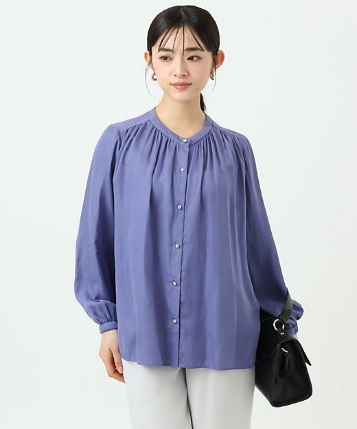 小さいサイズ】バンドカラーサテンブラウス／接触冷感／UVカット