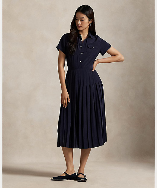 シルク クレープ プリーテッド シャツドレス