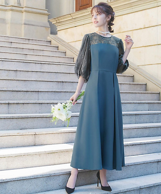 レース切替パフスリーブ フレア パーティードレス スモールサイズ