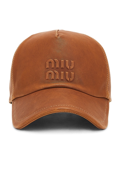 Miu Miu Logo Leather Hat in Caramel | FWRD