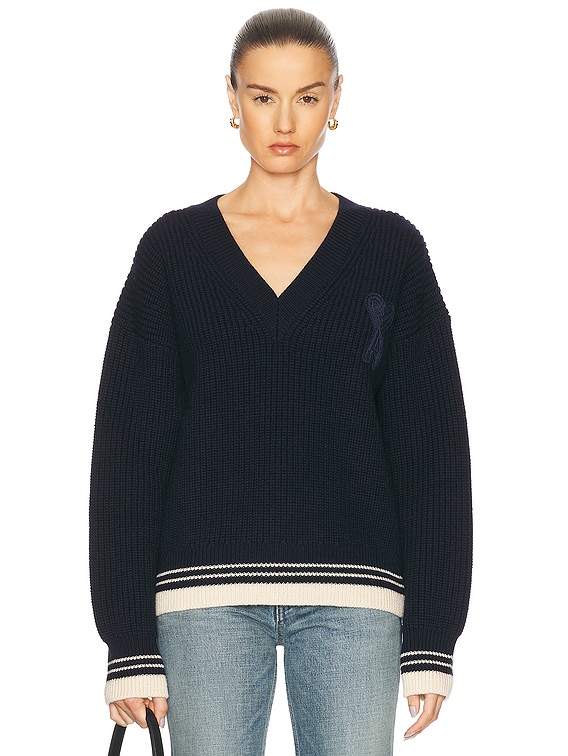 AMI Paris Ribbed V Neck Sweater in Navy Blue | FWRD