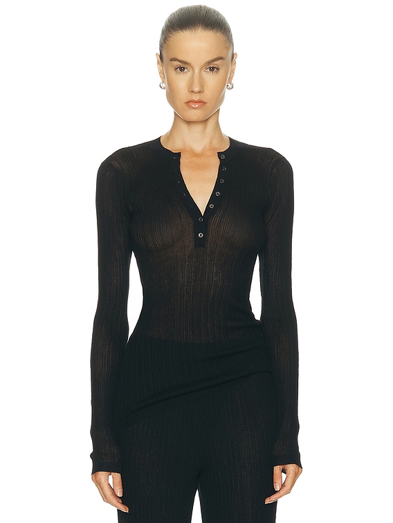 SKIMS Sheer Knit Long Sleeve Henley Top in Onyx | FWRD
