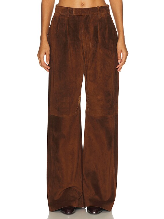 R13 Pleated Wide Leg Leather Pant in Brown Suede | FWRD