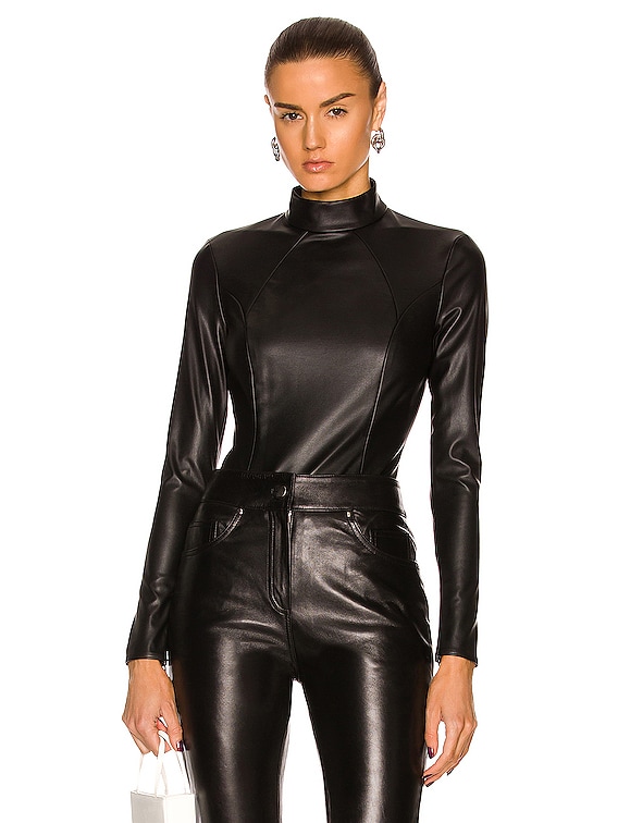 Wolford x Amina Muaddi Vegan Leather Bodysuit in Black | FWRD