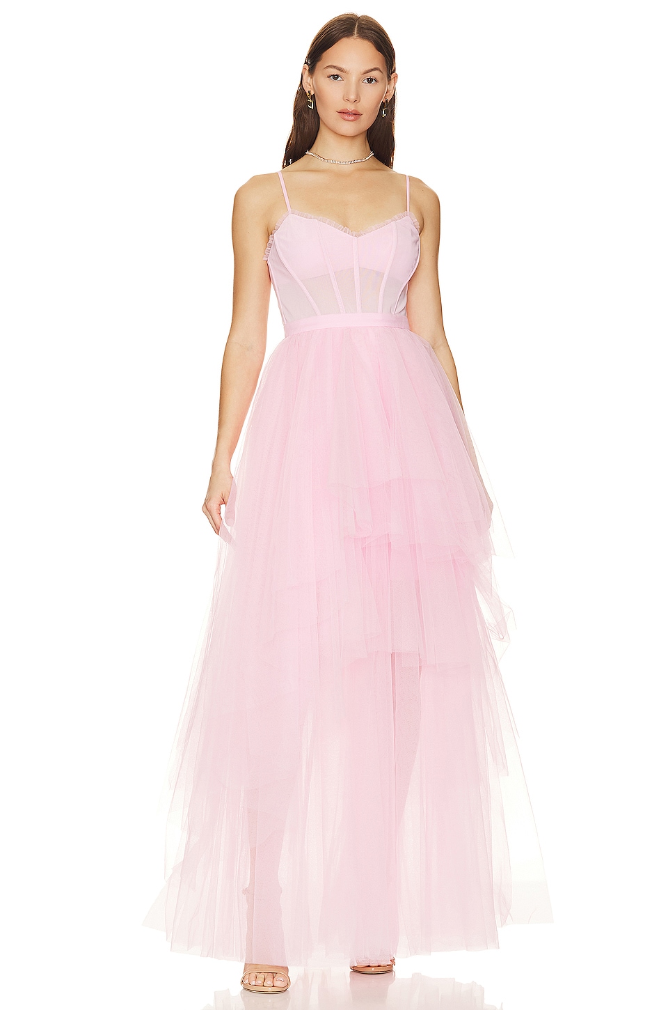 BCBGMAXAZRIA Corset Tiered Gown in Pink Rose | REVOLVE