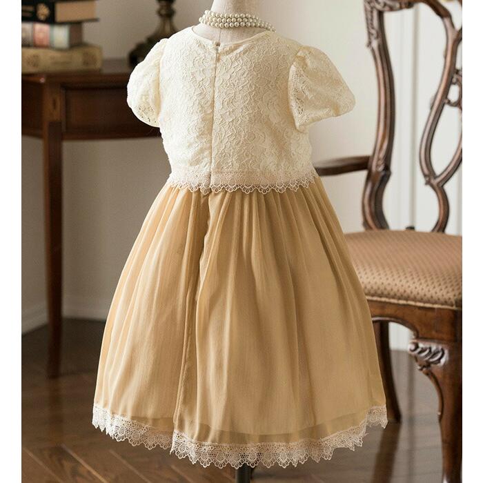 シモネッタ／ベージュ ゴールド半袖パフスリーブ調ワンピース 発表会