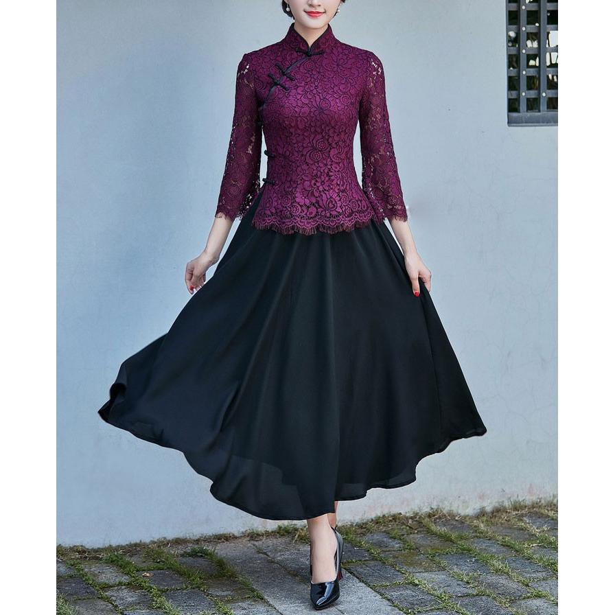 七分袖 トップス チャイナ服 レース チャイナドレス 上品 本格 普段着