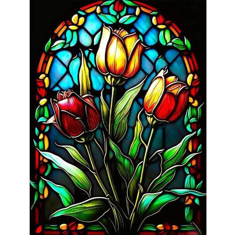 ダイヤモンド刺繍 ステンドグラス チューリップ カラフル 絵画 アート
