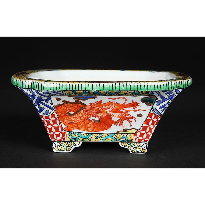 九谷晃雲色絵龍図長方鉢 盆栽鉢 鉢 植木鉢 小鉢 bonsaipot 作家鉢 くた