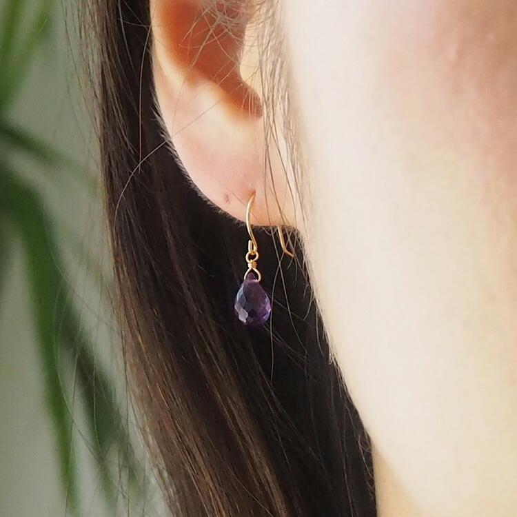 天然石 ピアス K18 18金 アメジスト ドロップ フックピアス イヤリング