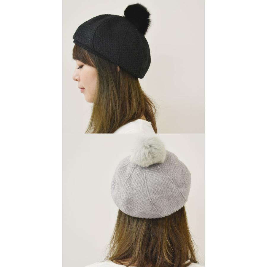 ベレー帽 帽子 フォックスファー リアルファー ボンボン レディース