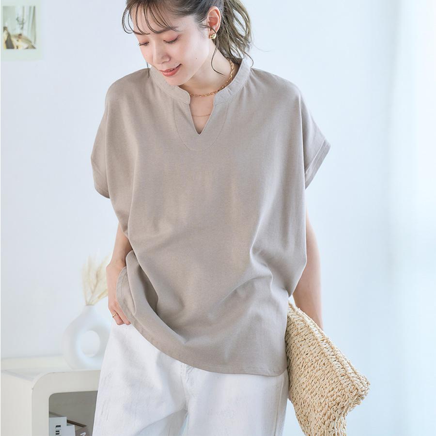 キーネック tシャツ レディース トップス 半袖 綿100% 体形カバー 夏