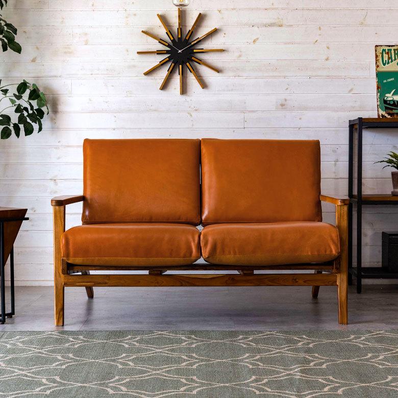 東谷 ソファ 2人掛け 2P 本革 木 幅 125cm キャメル ブラウン レザー