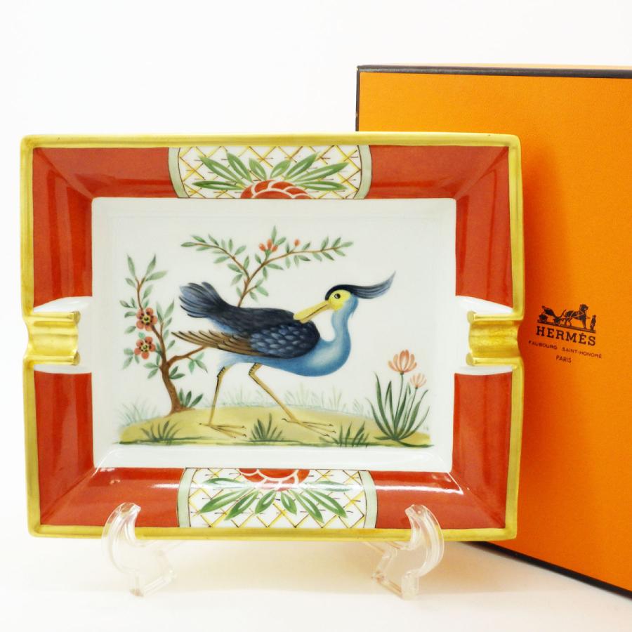 HERMES（エルメス） 鳥柄 バード 草花 金彩×オレンジ アッシュトレイ