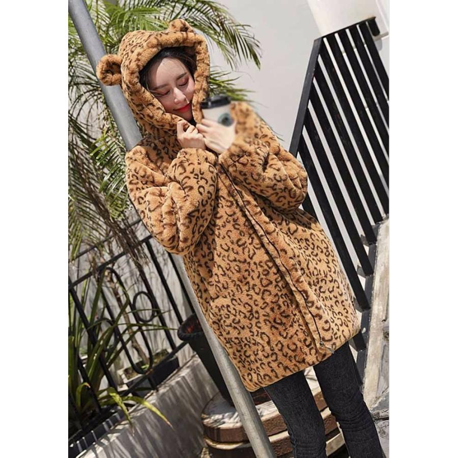 S/M/L/2L/3L】もこもこパーカー ファー 暖かい 帽子付き 豹柄 ヒョウ柄