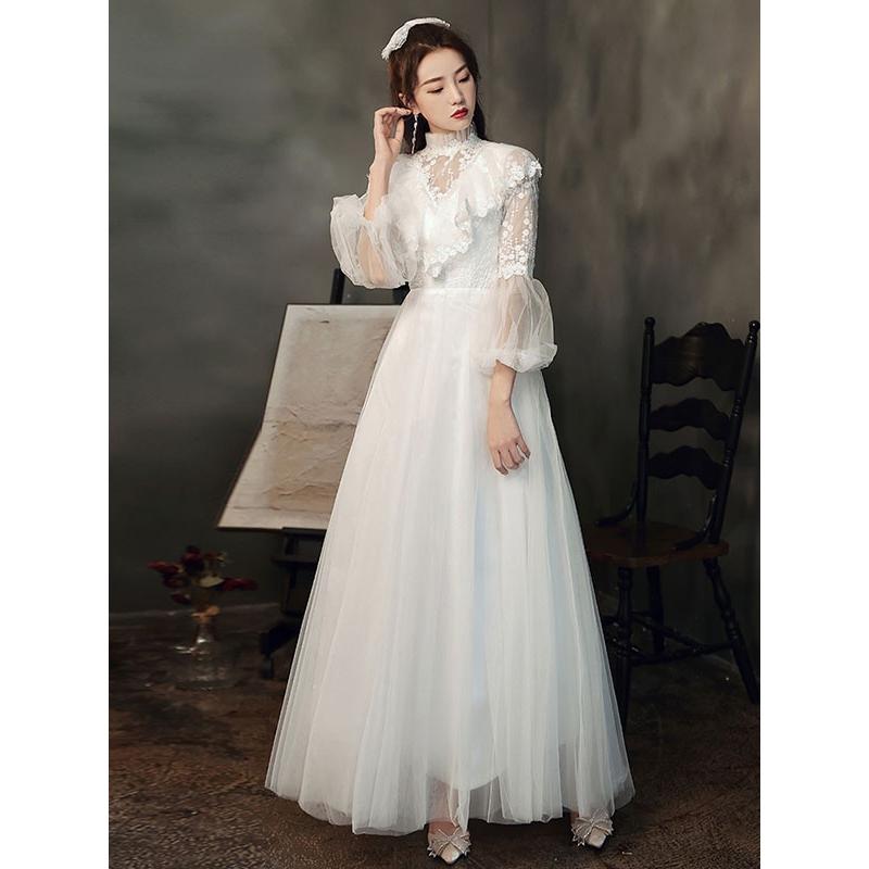 パーティードレス シースルードレス 総レース Aライン 白 ホワイト