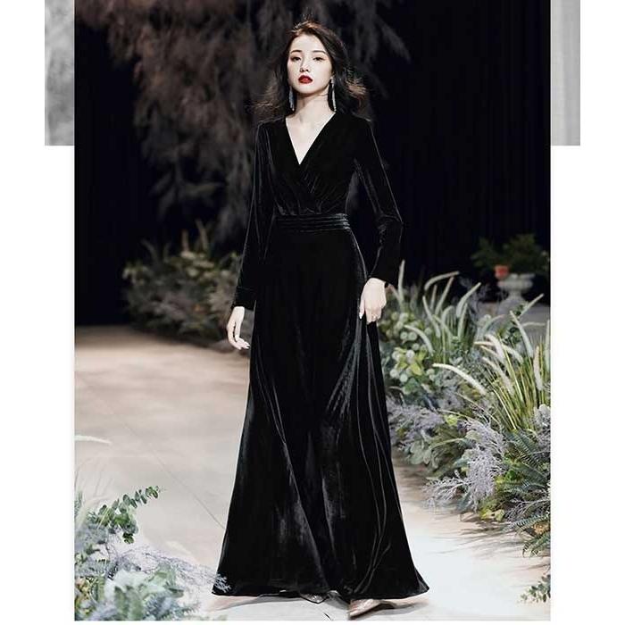 Vネック ドレス 大人 ピアノ 発表会 ロング丈 ベルベット 冬向き
