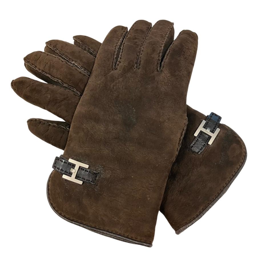 HERMES（エルメス） Hロゴ スウェードレザーグローブ ブラウン 茶色