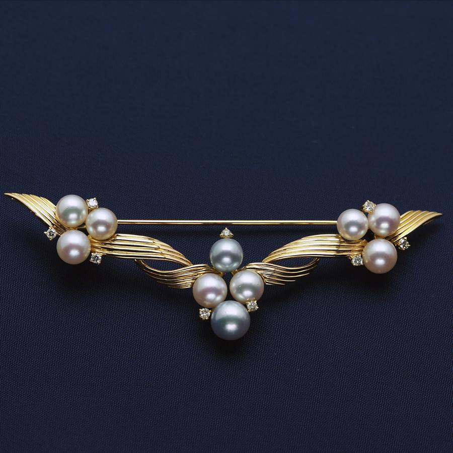 K18 アコヤ本真珠 ウイング ブローチ あこやパール 18金イエロー