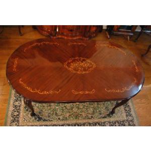 ダイニングテーブル 165cm 楕円形 象嵌 花柄 マホガニー 4人用 茶