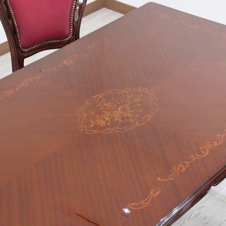 ダイニングテーブル 165cm 長方形 象嵌 花柄 マホガニー 4人用 茶