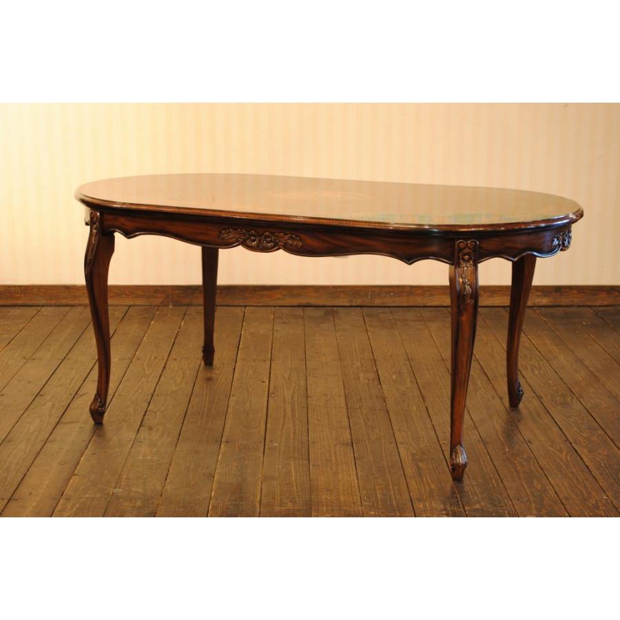 ダイニングテーブル 165cm 楕円形 象嵌 花柄 マホガニー 4人用 茶