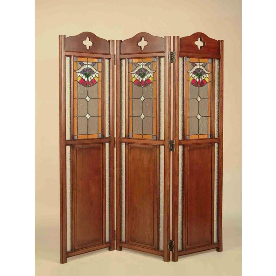 ステンドグラス 3連スクリーン オーク 衝立 茶 レトロ パーティション
