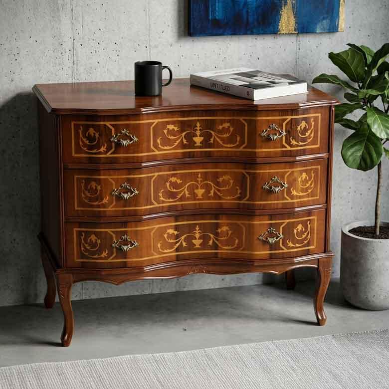 イタリア 3段 チェスト 茶 87cm 象嵌 ロココ調 家具 猫脚 丸脚 完成品