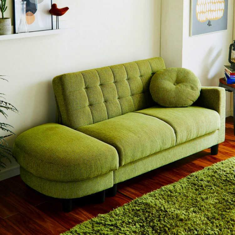 ソファー スツールセット 収納付 ソファベッド グリーン 緑色 布製 2人