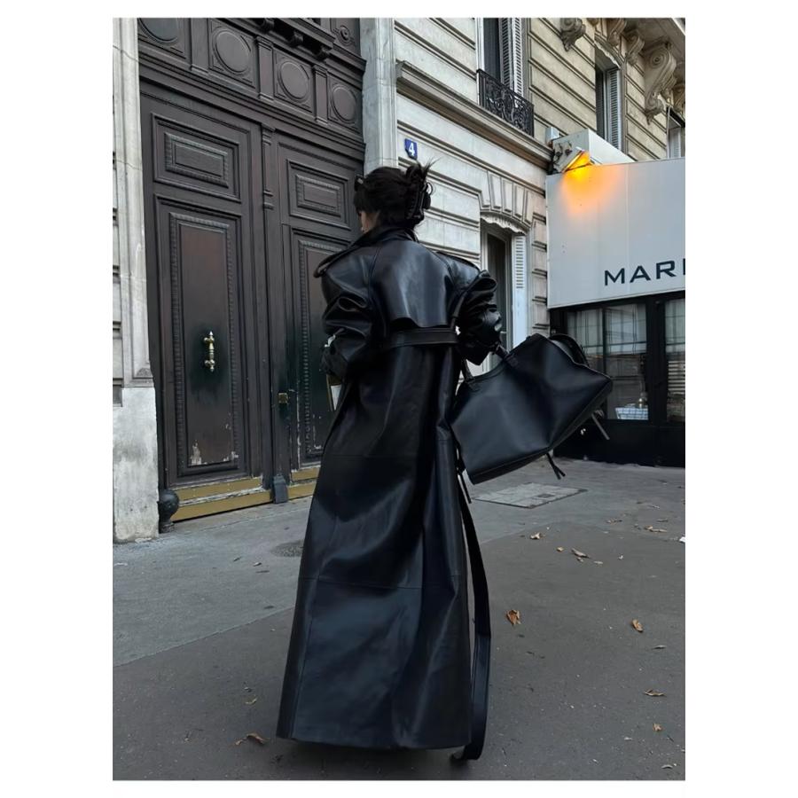 レザー トレンチ ロング コート 黒 韓国 ストリート モード系 グランジ