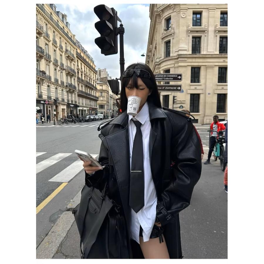 レザー トレンチ ロング コート 黒 韓国 ストリート モード系 グランジ