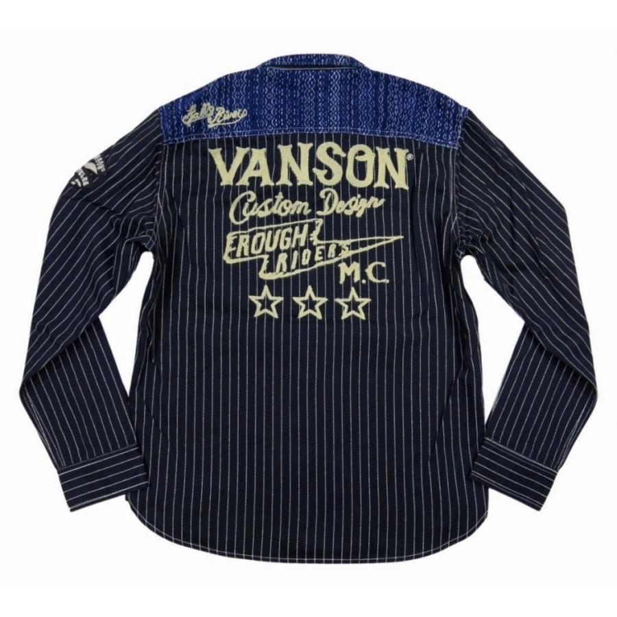 VANSON（バンソン） 刺し子切替 チェーン刺繍 長袖 ウォバッシュ