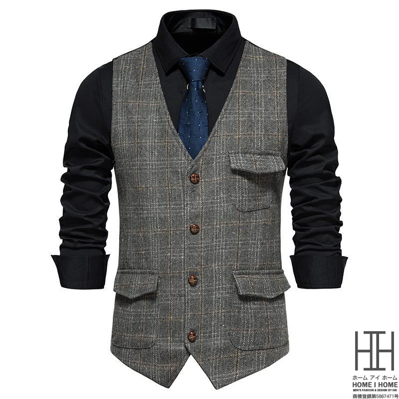 ホームアイホーム スーツベスト メンズ チェック柄 襟なし ビンテージ