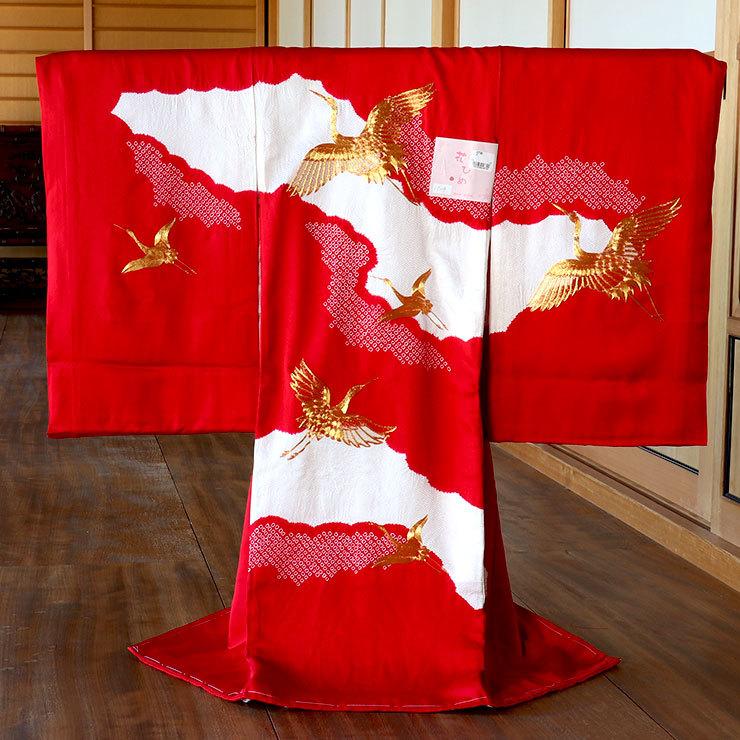 赤ちゃん お宮参り 服 産着 着物 女の子 初着 雲取りに鶴(赤色) 正絹