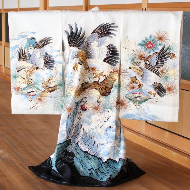 お宮参り 着物 赤ちゃん 男の子 初着 産着 鷹に虎 白色 正絹 のしめ