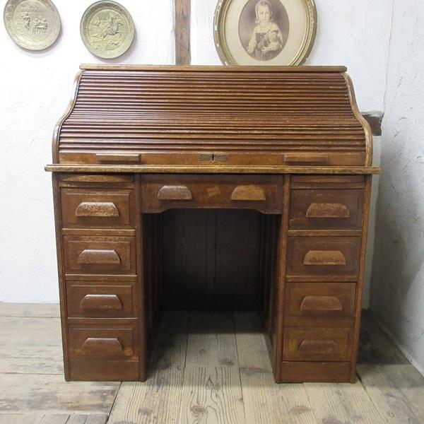 イギリス アンティーク 家具 ロールトップ デスク 机 作業台 収納 木製