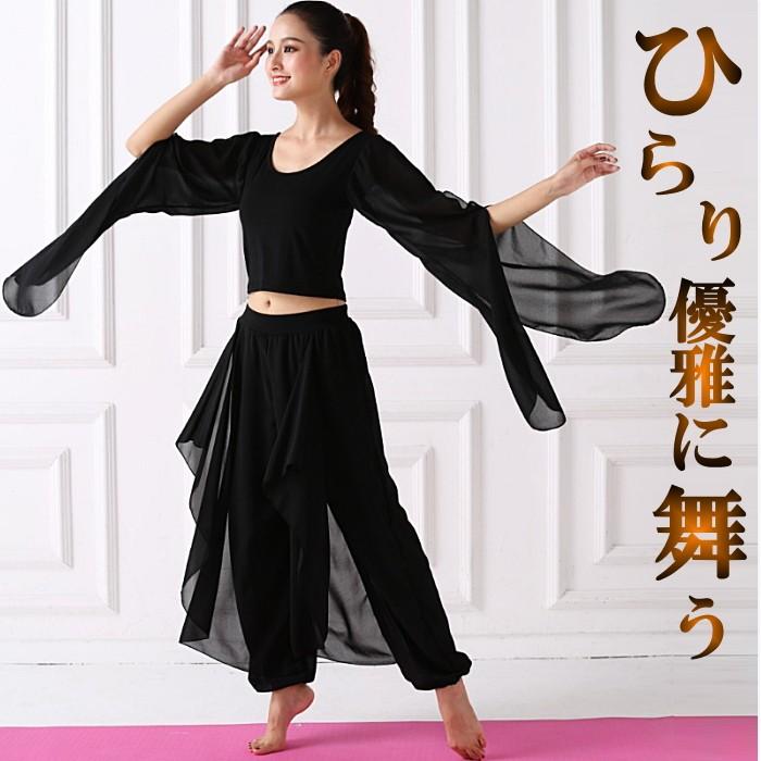 セットアップ 長袖トップス スカーチョ 黒 ブラック ワイドパンツ へそ