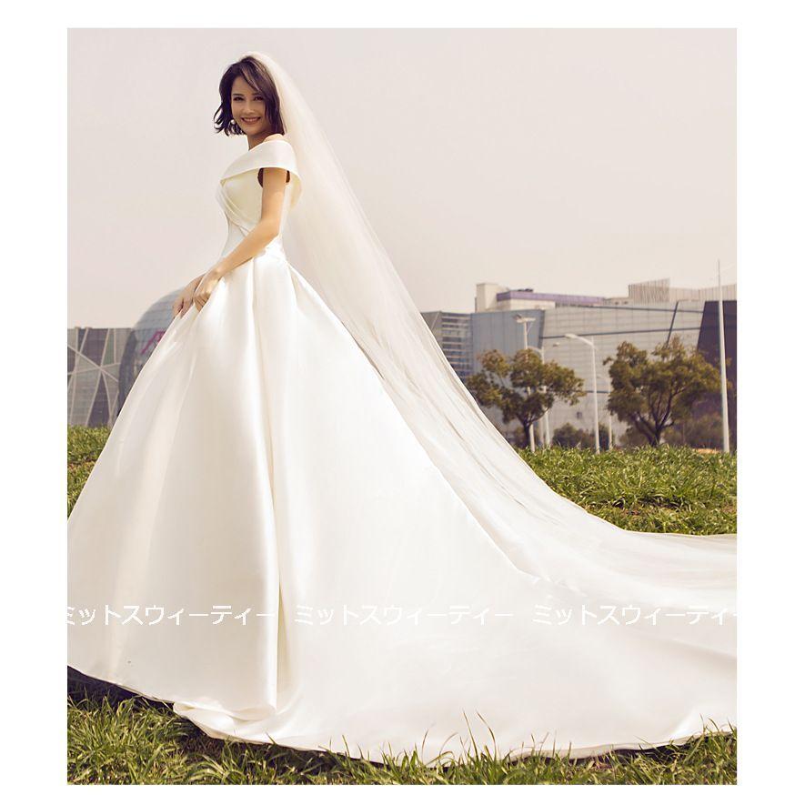 ウエディングドレス サテン 結婚式 aライン プリンセスドレス 二次会