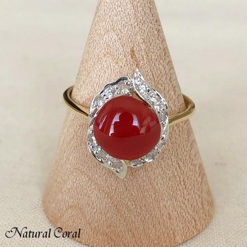 血赤珊瑚 ちあかさんご サンゴ リング K18 WG ダイヤ 送料無料