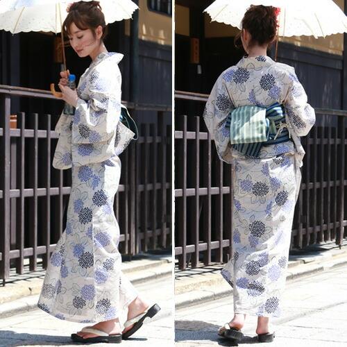 浴衣 単品 レディース レトロ 綿麻浴衣単品「クリームに青紫陽花と紺