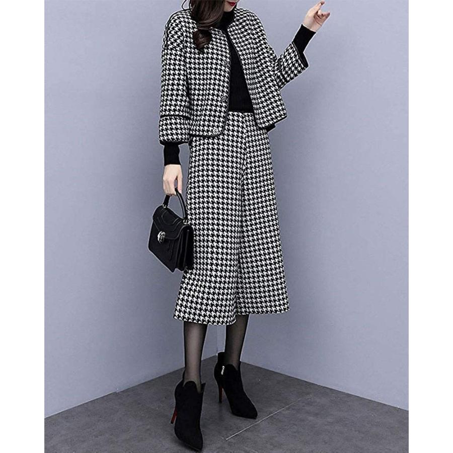 セットアップ レディース スーツ ワイドパンツ 千鳥格子 ハイウエスト