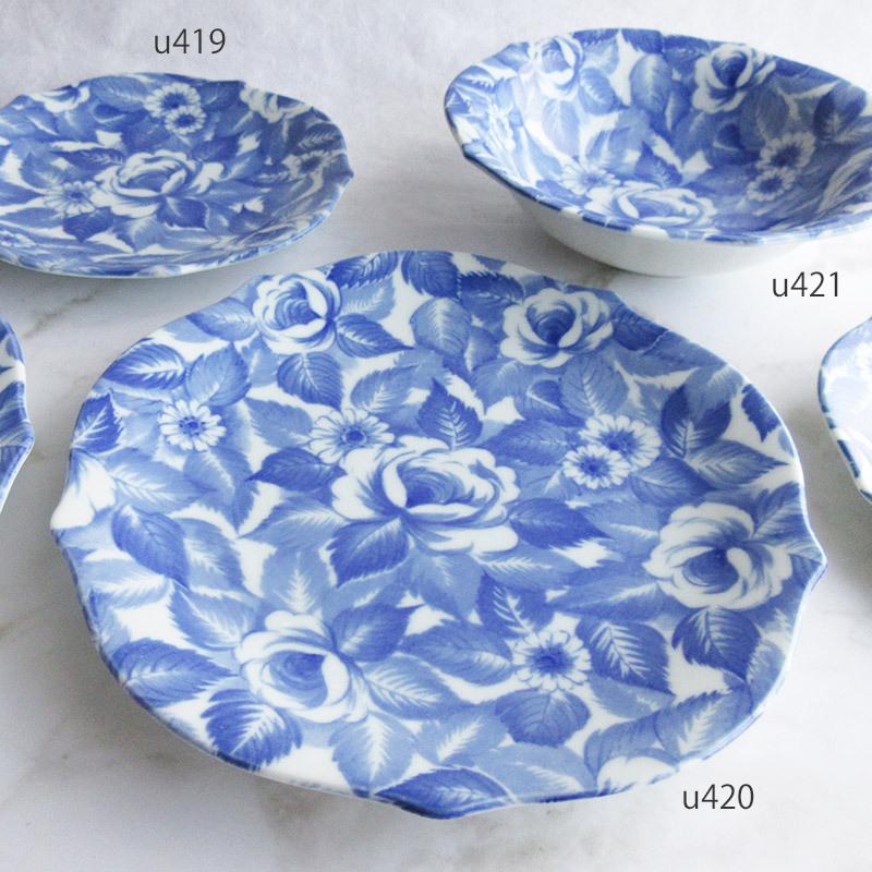 プレート 20cm 洋食器 花型 ブルー 中皿 バラ 花柄 薔薇 デザート