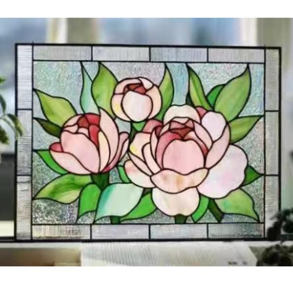 ステンドグラス長方形窓パネルサンキャッチャー壁の装飾牡丹 : STK