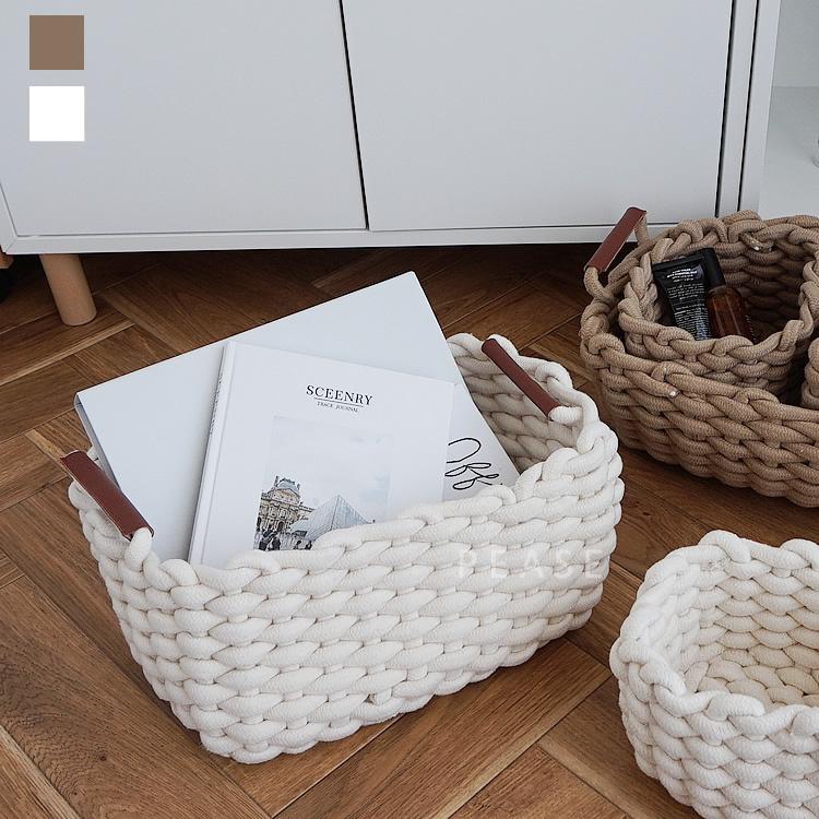 ロープ編みバスケット ホワイト ブラウン Mサイズ 収納ボックス BOX