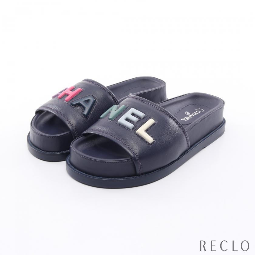 CHANEL（シャネル） スライドサンダル ロゴ レザー ダークネイビー