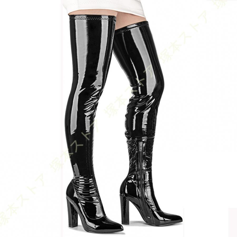 ニーハイブーツ エナメル ブーツ ハイヒール ブロックヒール