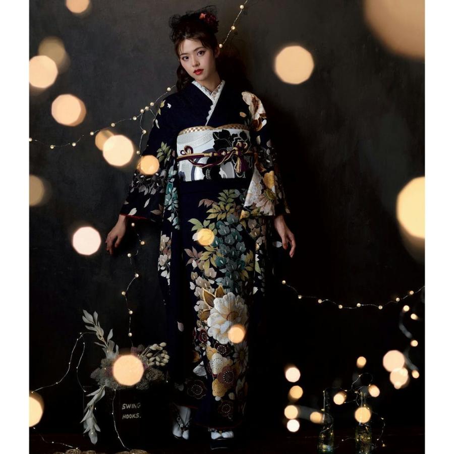 振袖 未仕立て お誂え 新品 成人式 ブランド Dear 墨黒 牡丹と藤花 ご