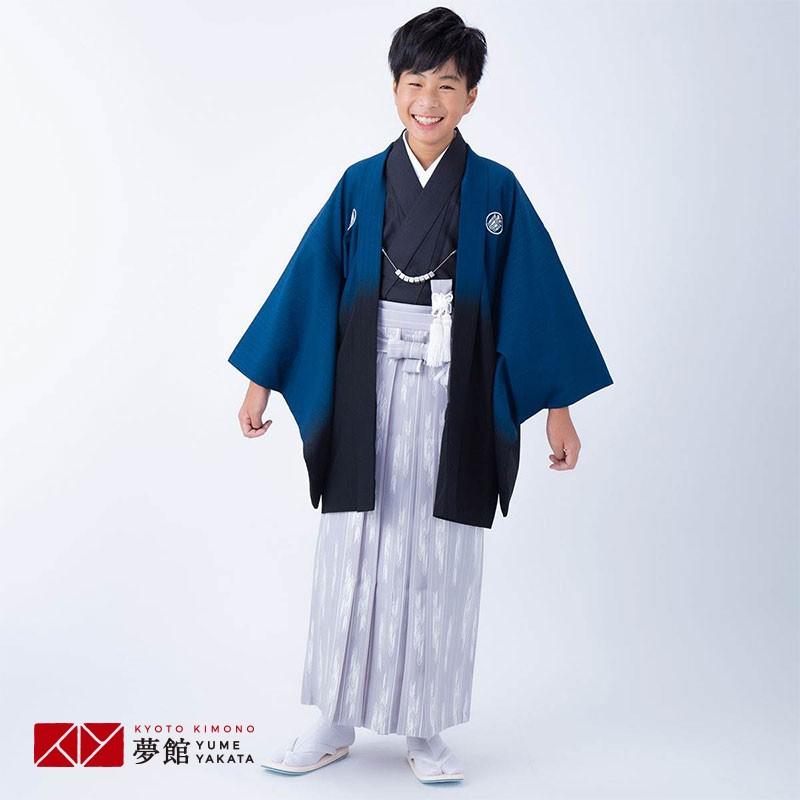 羽織袴 レンタル 男子 小学生 九重 紺黒ぼかし×柄袴 ジュニア 卒業式